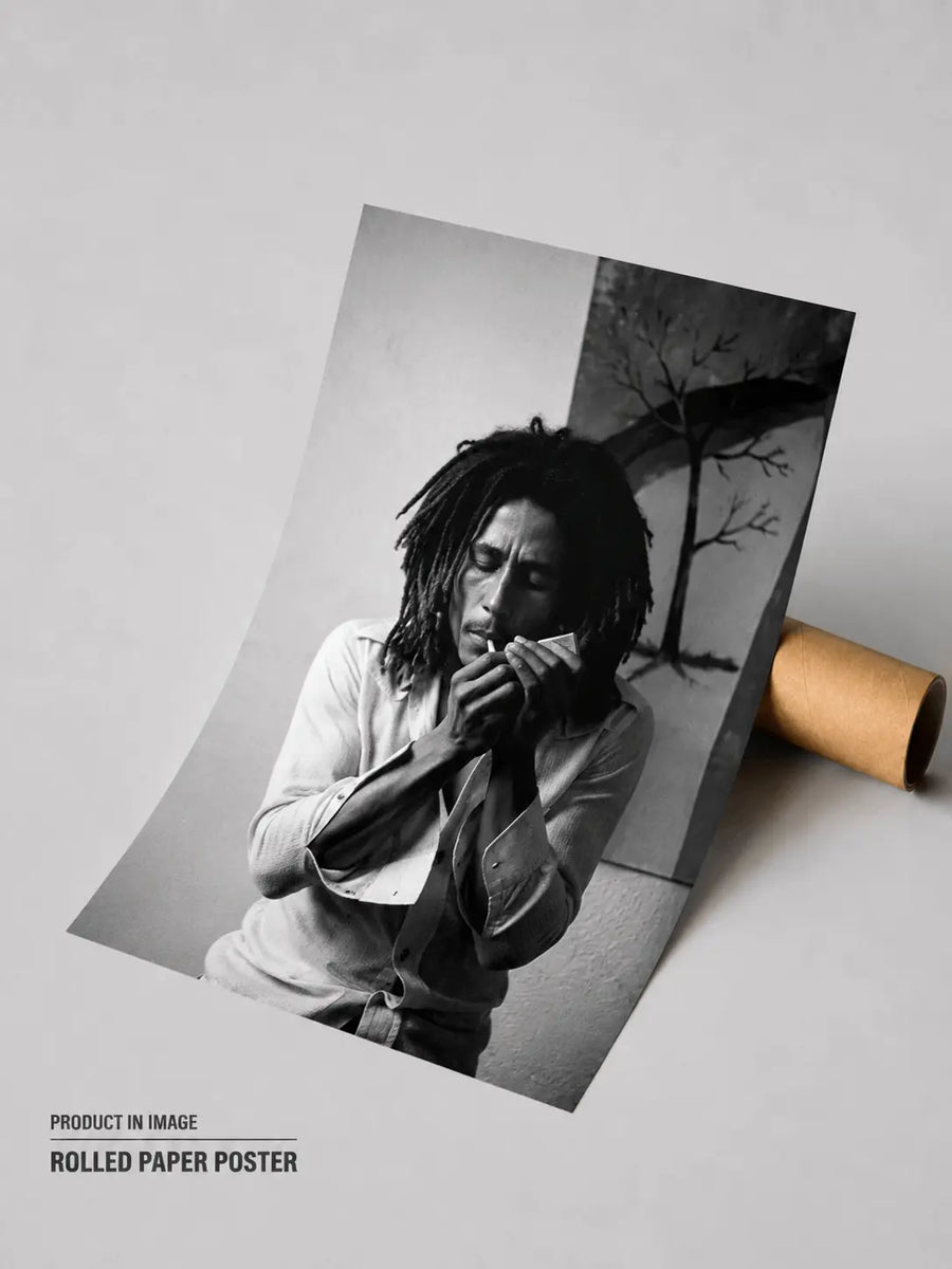 Bob Marley black-and-white portrait poster, person holding microphone, tree backdrop