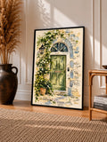 Watercolor door art print in black frame, green door with stone arch and blooming vine