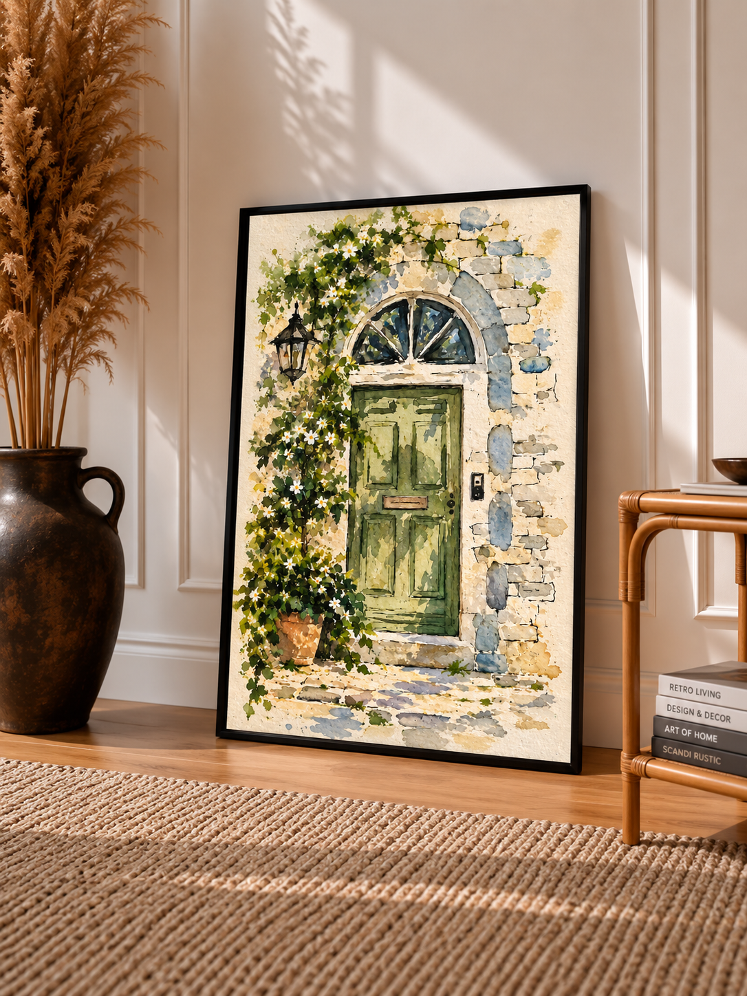 Mediterranean Door Watercolor Art Print displayed in a slim black frame beside warm natural textures and soft window light