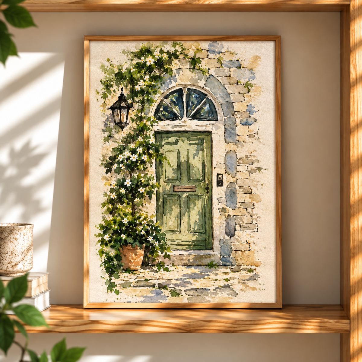 Mediterranean Door Watercolor Art Print presented in a natural oak frame with an arched green doorway and climbing foliage