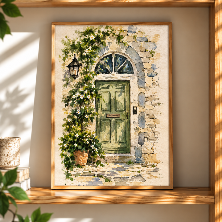 Mediterranean Door Watercolor Art Print presented in a natural oak frame with an arched green doorway and climbing foliage