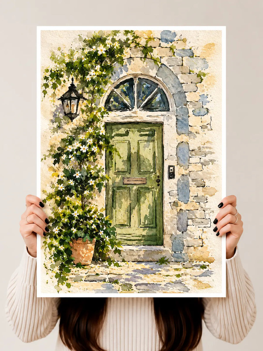 Mediterranean Door Watercolor Art Print held upright to reveal weathered stonework, trailing greenery and delicate floral details