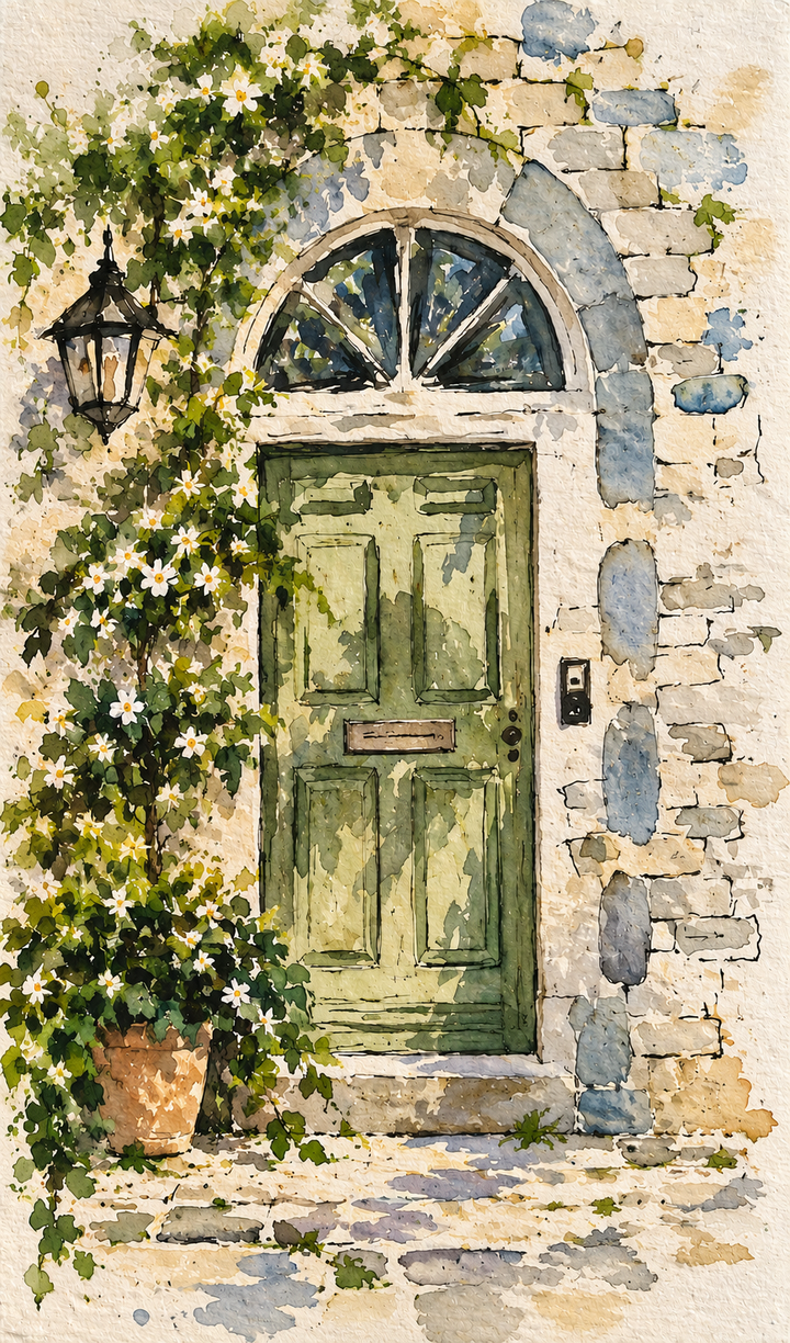 Mediterranean Door Watercolor Art Print shown unframed with a weathered green door framed by flowers, foliage and sun washed stone