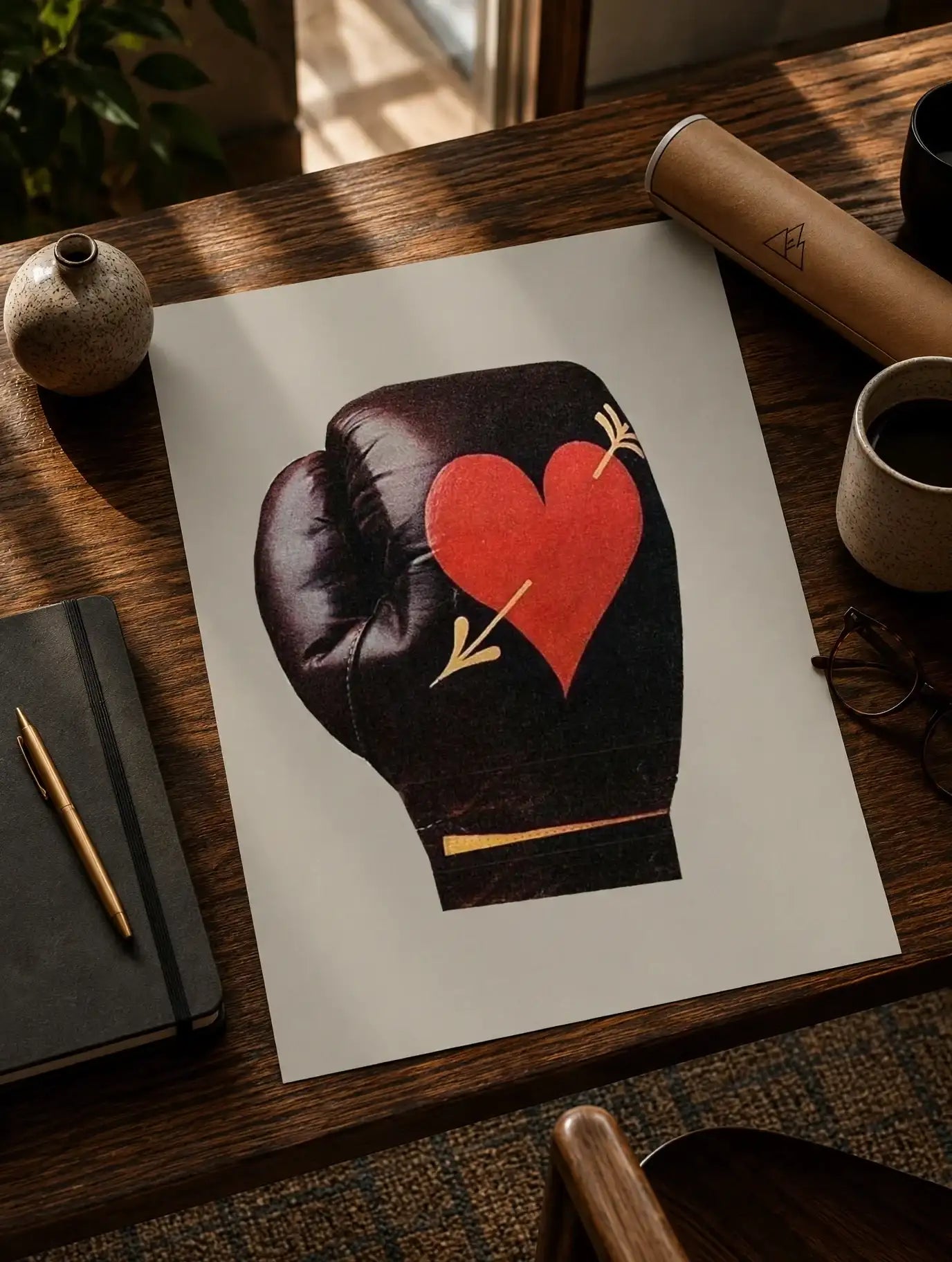 Boxing love print on white paper: black glove with red heart, laid on wooden desk
