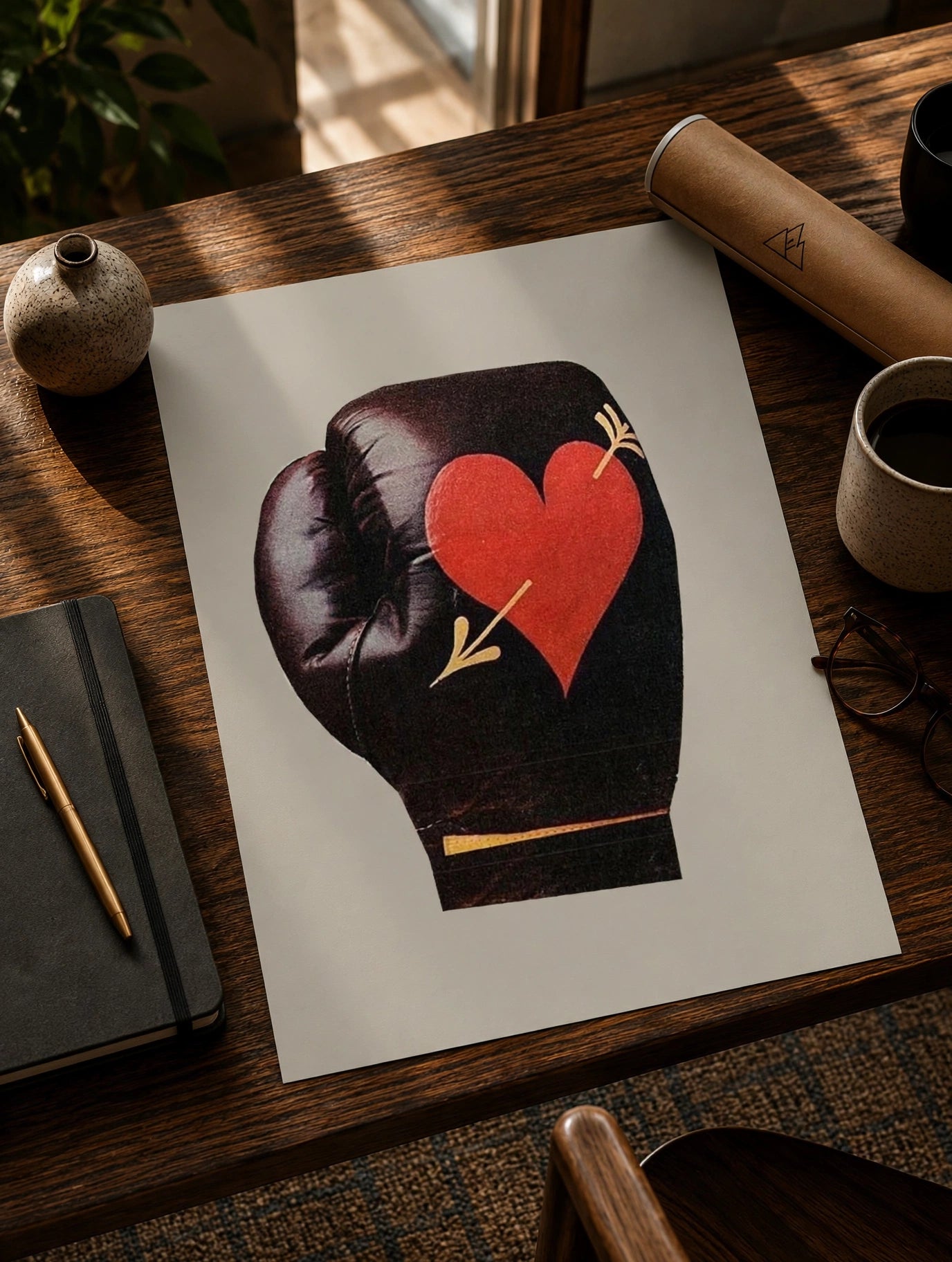 Boxing Love Print displaying a vintage-style boxing glove and heart artwork for home gyms, offices, and bedrooms.