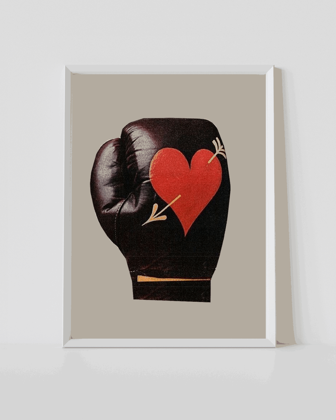Boxing love print with black boxing glove and red heart motif, in white frame