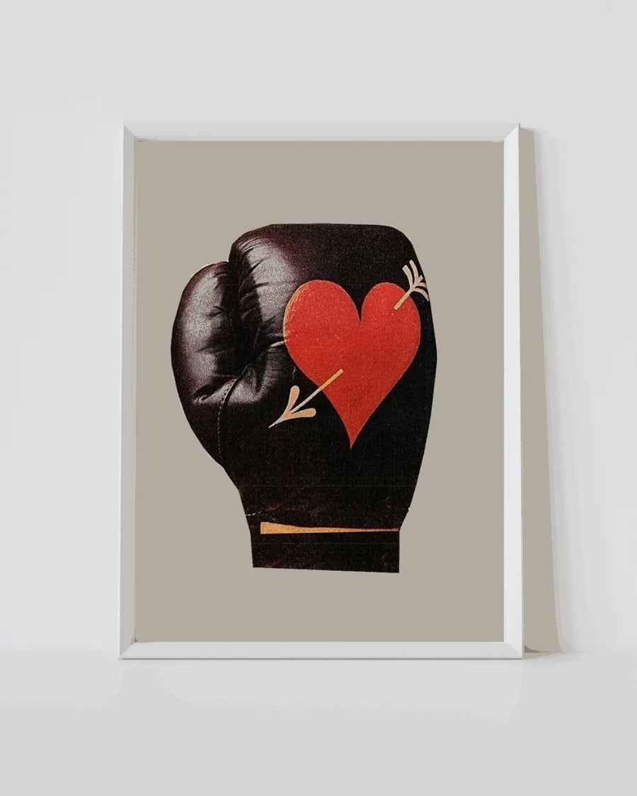 Boxing love print with black boxing glove and red heart motif, in white frame