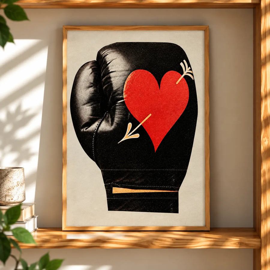 Boxing Love Print styled in a natural oak frame against a warm sunlit interior with neutral decor