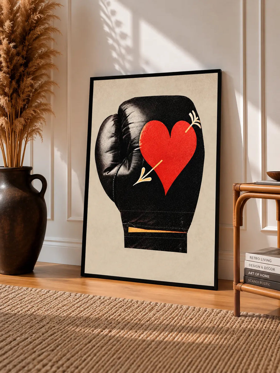 Boxing Love Print displayed in a thin black frame with a bold boxing glove and vivid red heart design