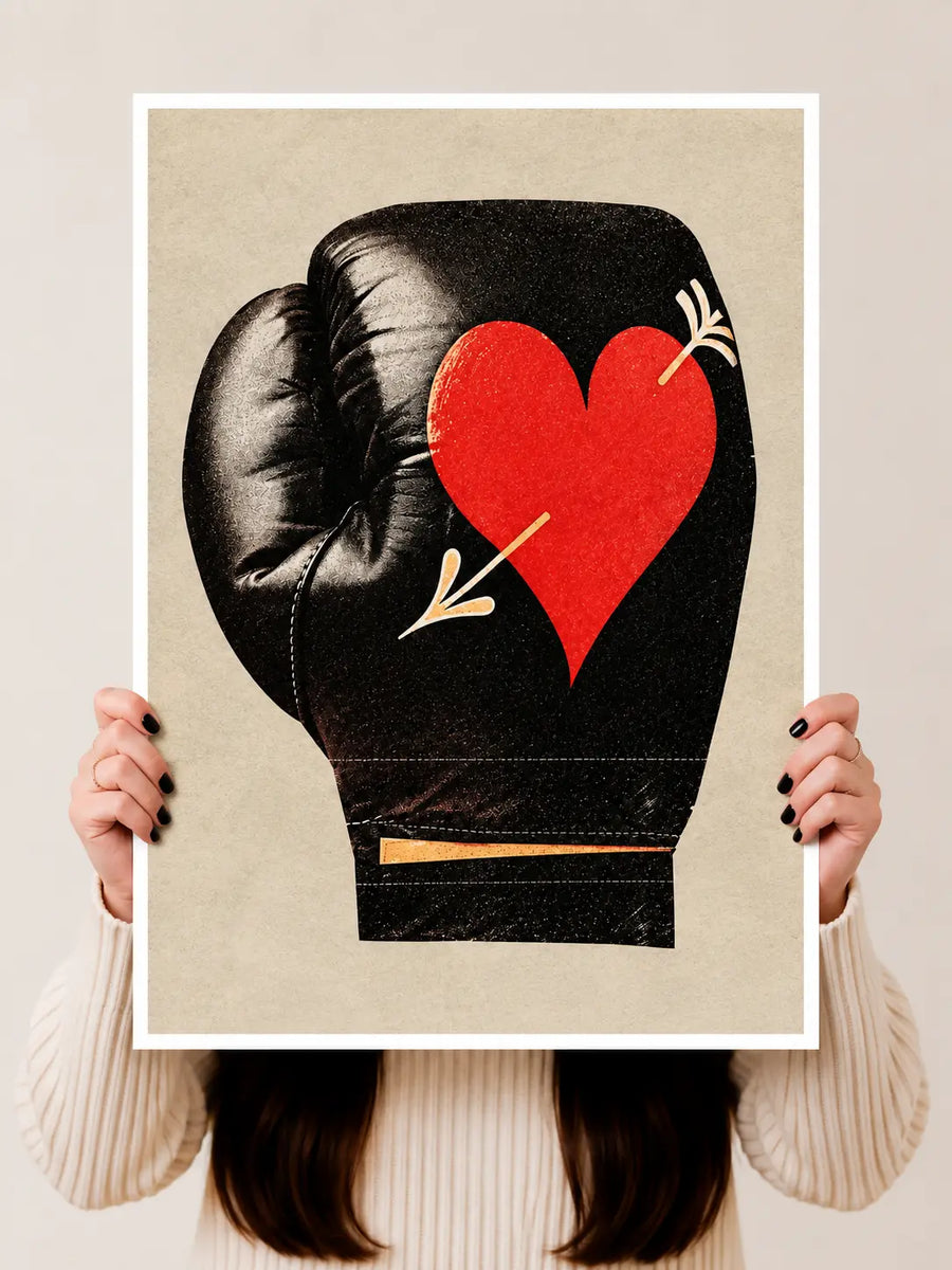 Boxing Love Print presented in a clean white frame highlighting the black glove and bright red heart motif