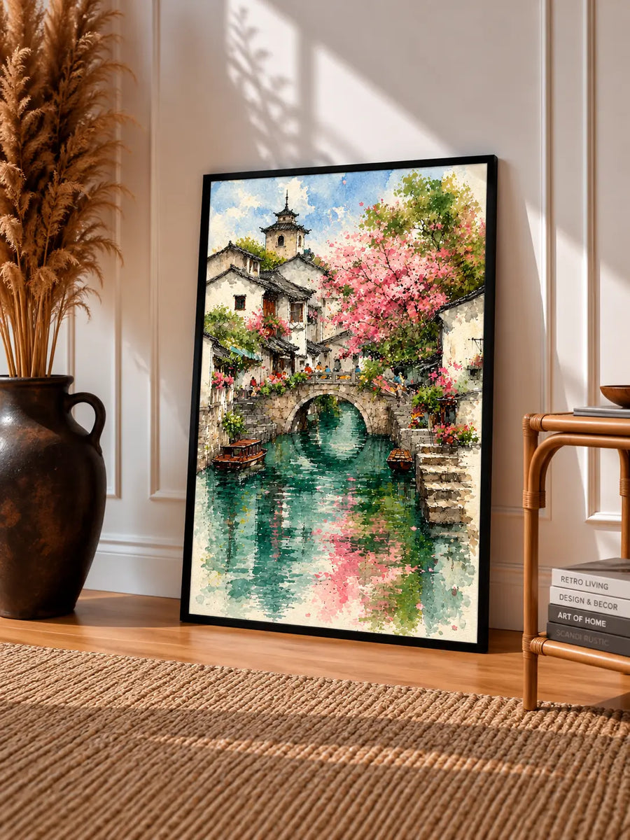 Cottage Garden Watercolor Art Print displayed in a slim black frame inside a warm neutral living space