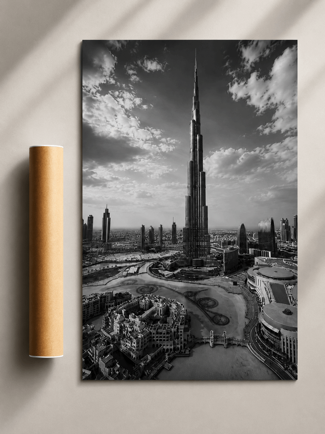 Monochrome Burj Khalifa poster with tall tower and riverside skyline