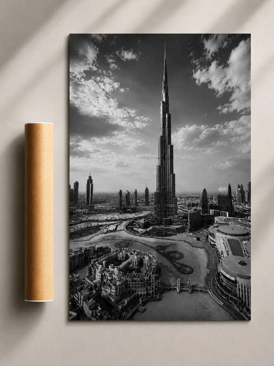 Monochrome Burj Khalifa poster with tall tower and riverside skyline