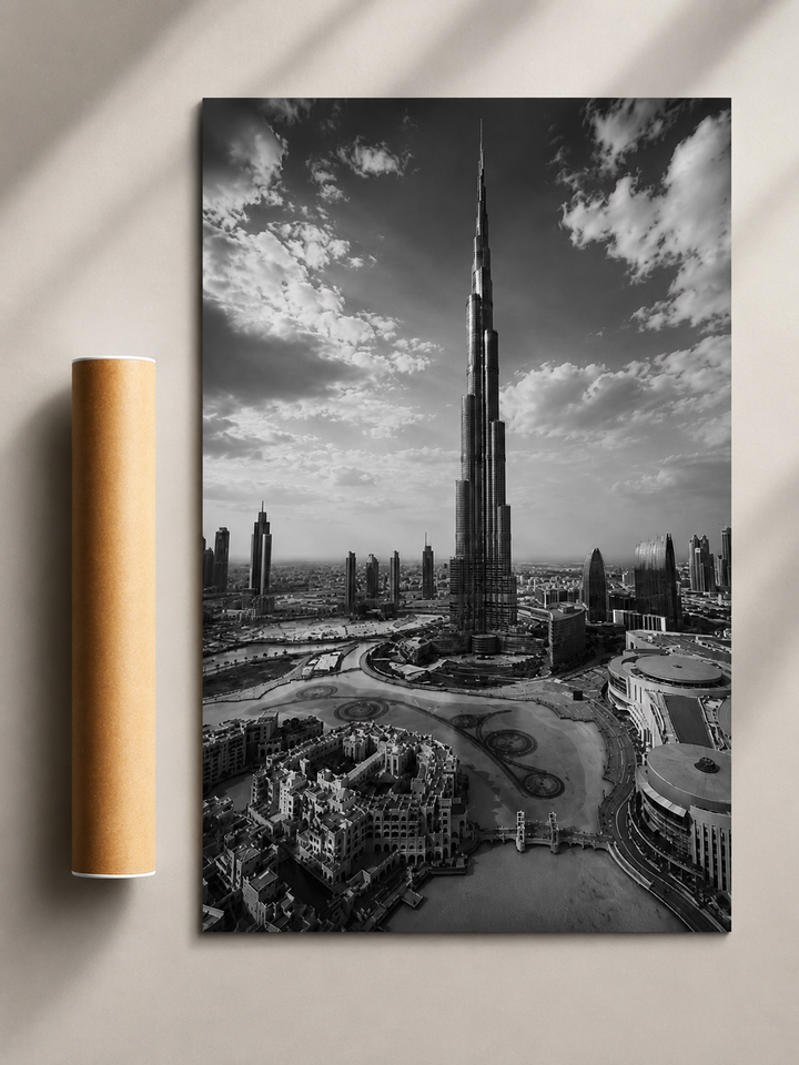 Burj Khalifa Poster displaying a panoramic black and white view of Dubai with striking architectural detail.