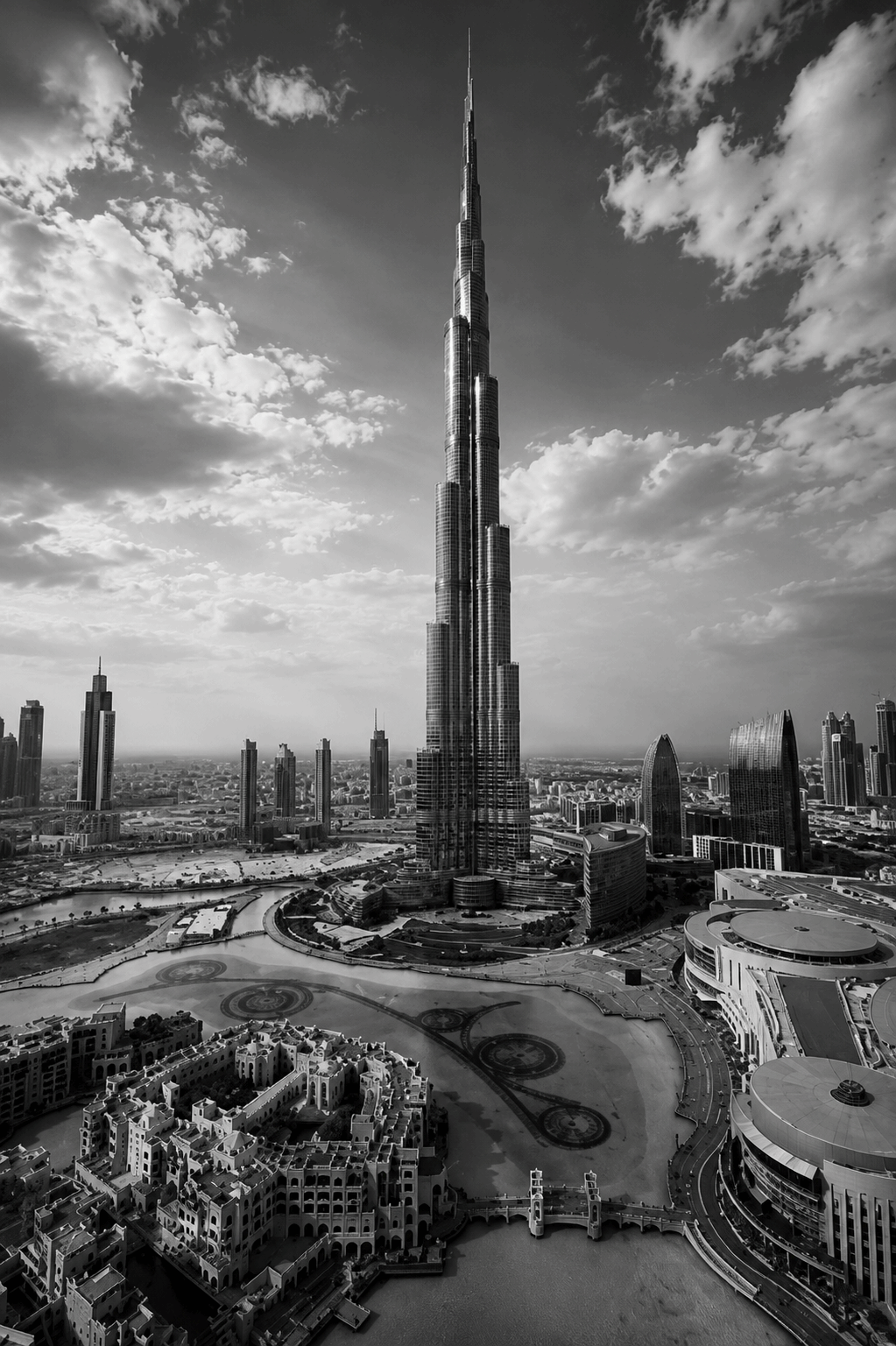 Monochrome Burj Khalifa poster, close view of skyscraper tower and skyline