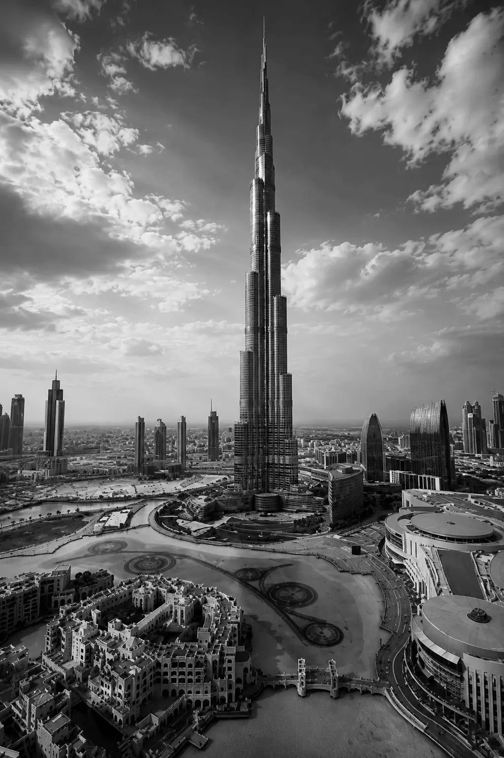 Monochrome Burj Khalifa poster, close view of skyscraper tower and skyline