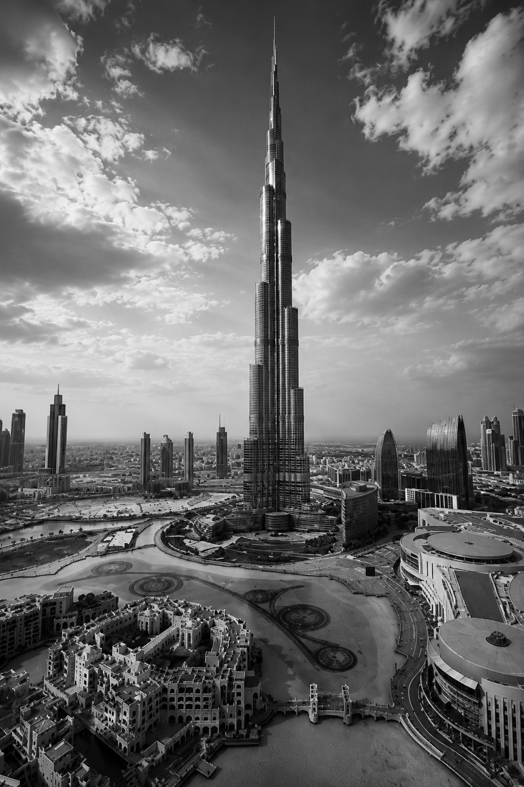 Burj Khalifa Poster featuring the iconic Dubai skyline in a timeless black and white architectural composition.