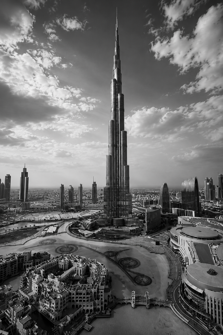 Burj Khalifa Poster featuring the iconic Dubai skyline in a timeless black and white architectural composition.