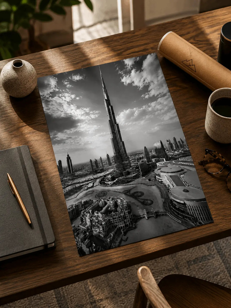 Monochrome Burj Khalifa poster on desk, tall tower over city river