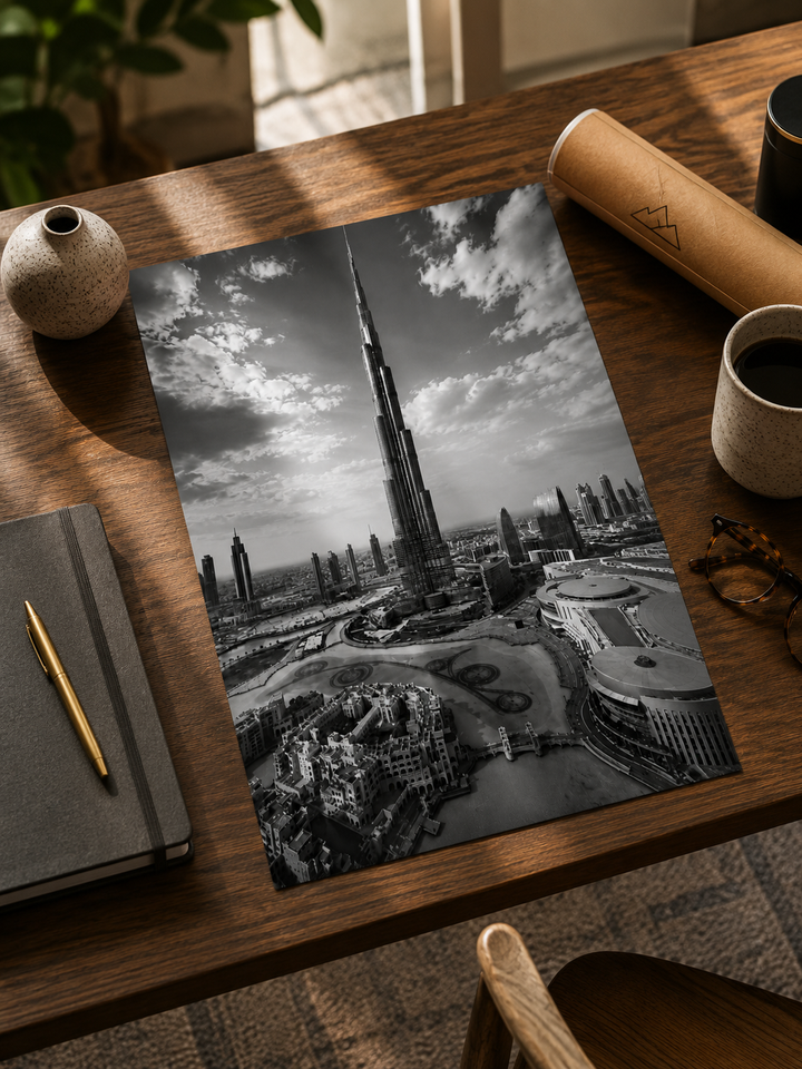 Burj Khalifa Poster showcasing the world's tallest building rising above the modern Dubai cityscape in monochrome.