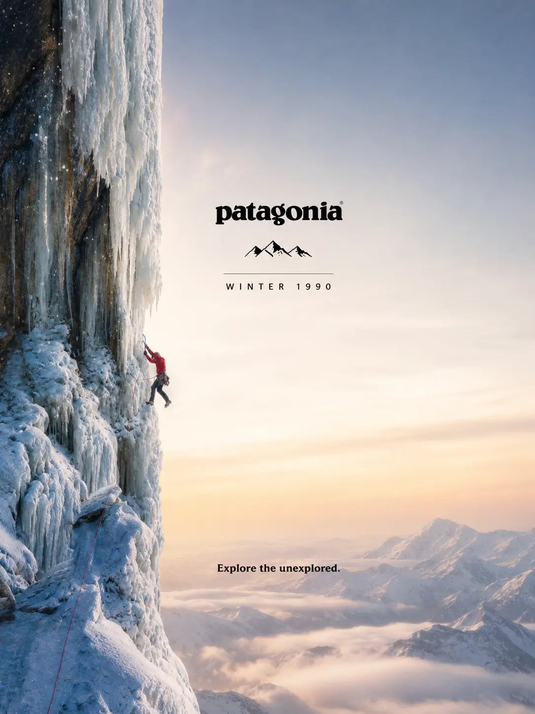 Mountain landscape print close-up, snowy cliff and hiker, Patagonia logo on sky background