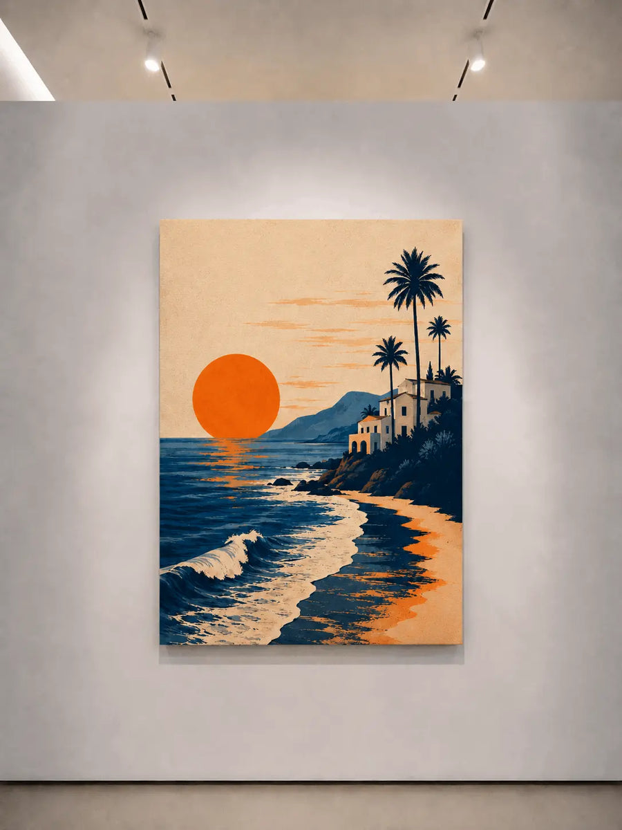 Dark-framed beach print with orange sun, shoreline waves, and palm trees
