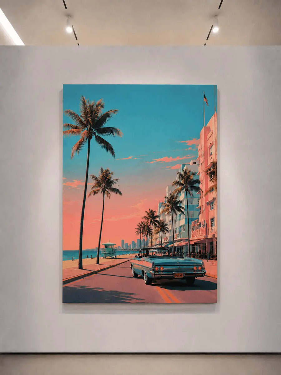 Unframed wall art print with palm trees, pastel buildings, and teal vintage car