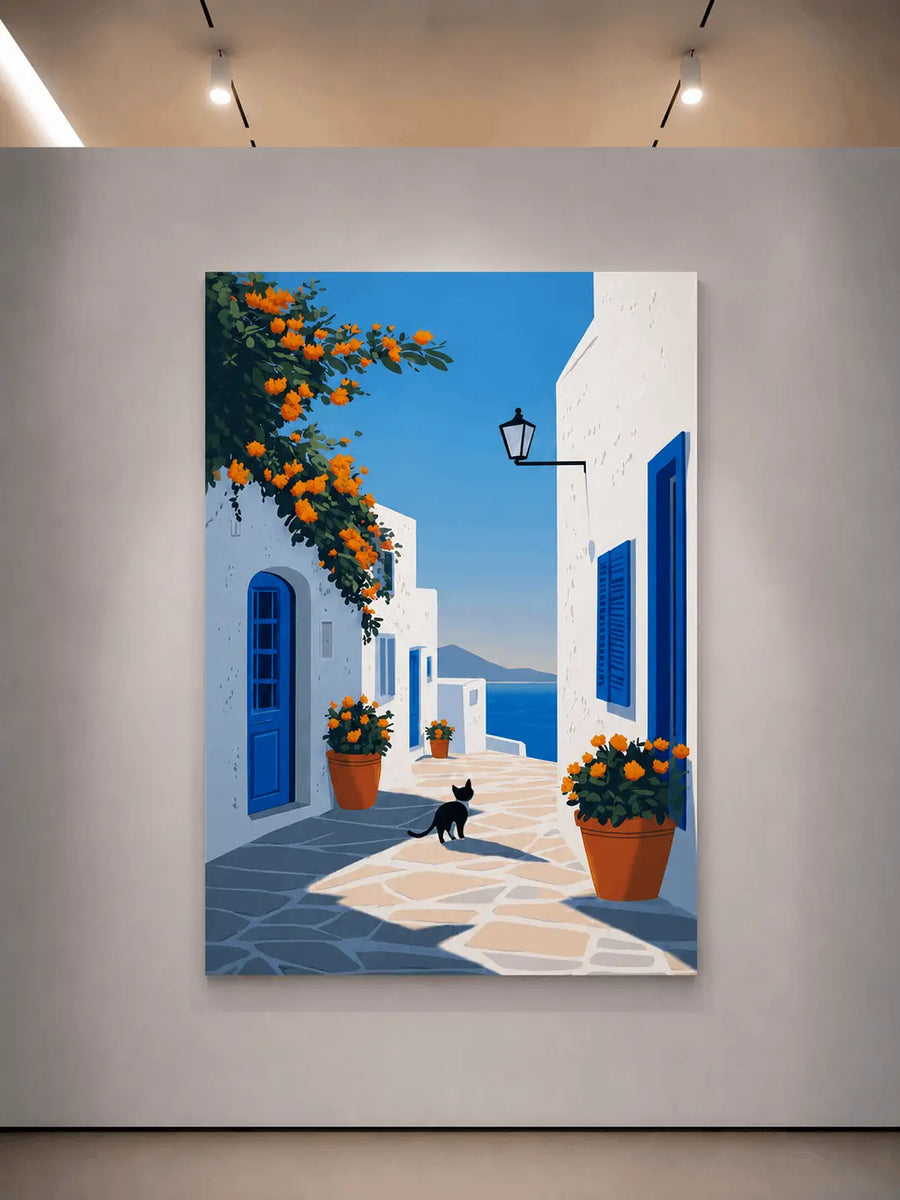 Framed vertical wall print with blue buildings, orange flowers, and a black cat