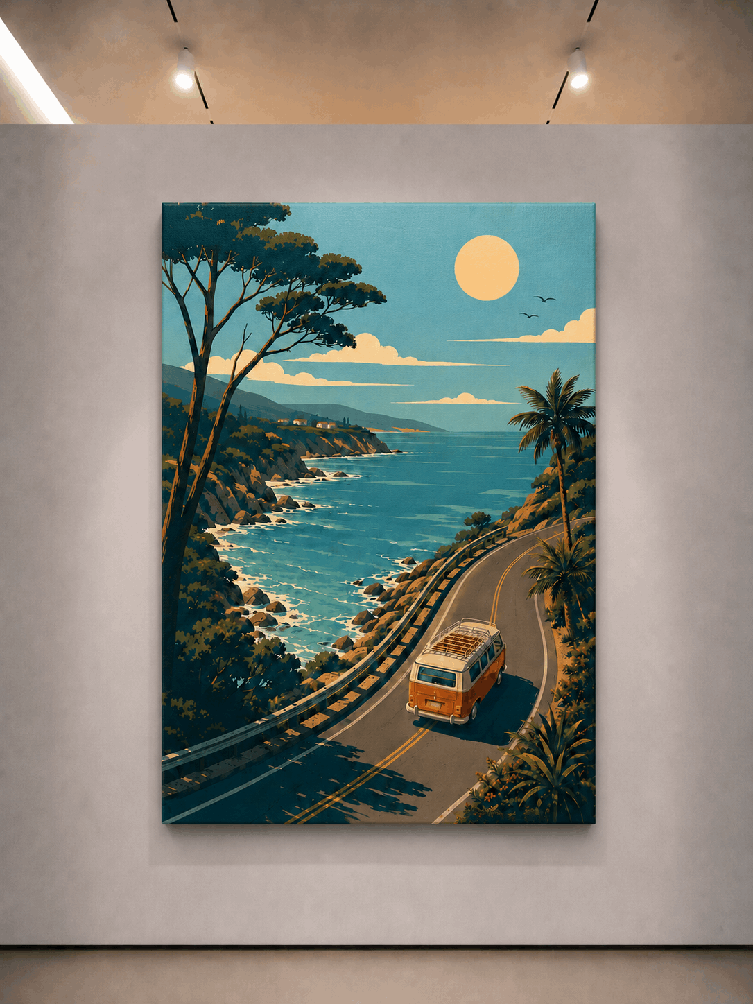 Stretched canvas coastal landscape wall art with road, ocean waves, and vintage van
