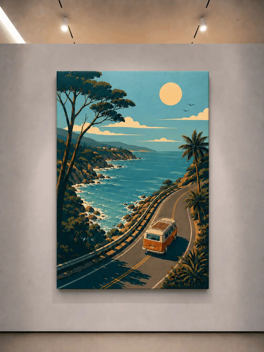 Stretched canvas coastal landscape wall art with road, ocean waves, and vintage van