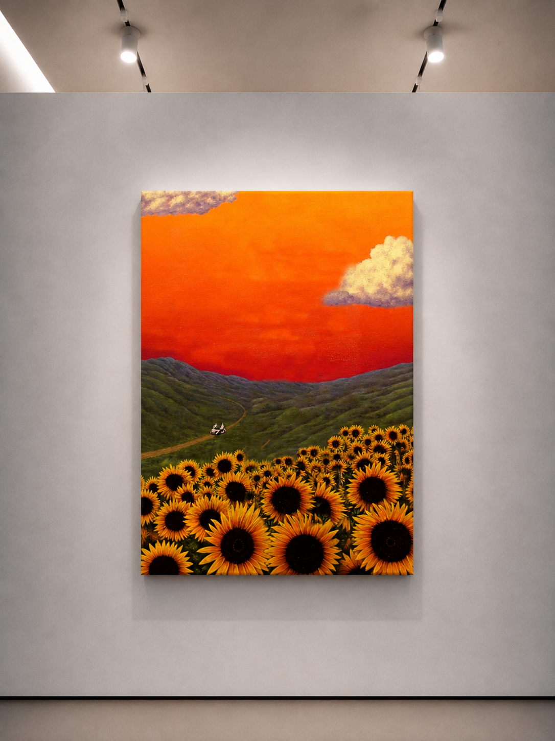 alt
Stampa artistica di paesaggio con cielo arancione, colline ondulate e file di girasoli con sentiero