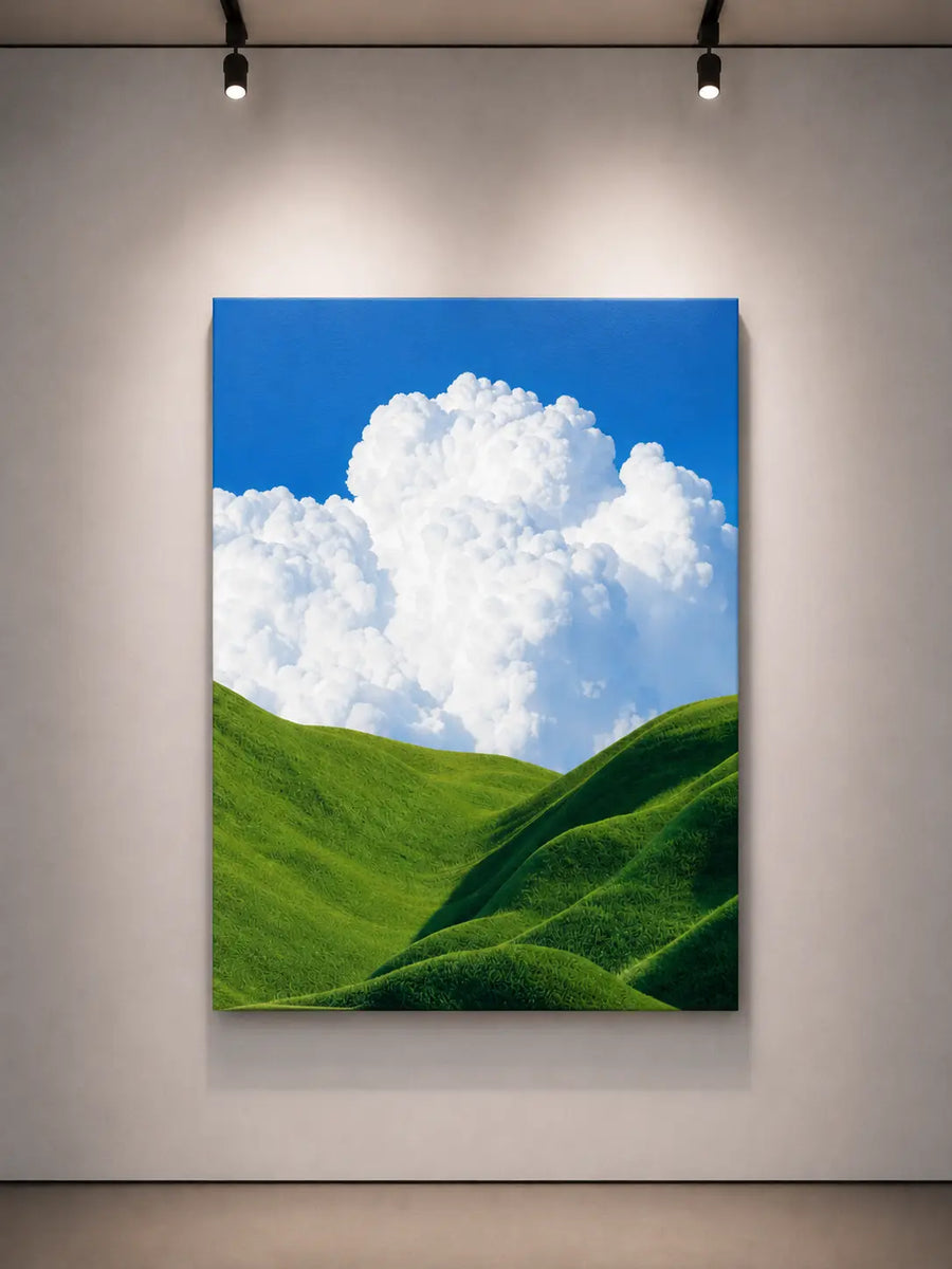 Impresión mural enmarcada de paisaje con cielo azul, nubes blancas y colinas verdes onduladas