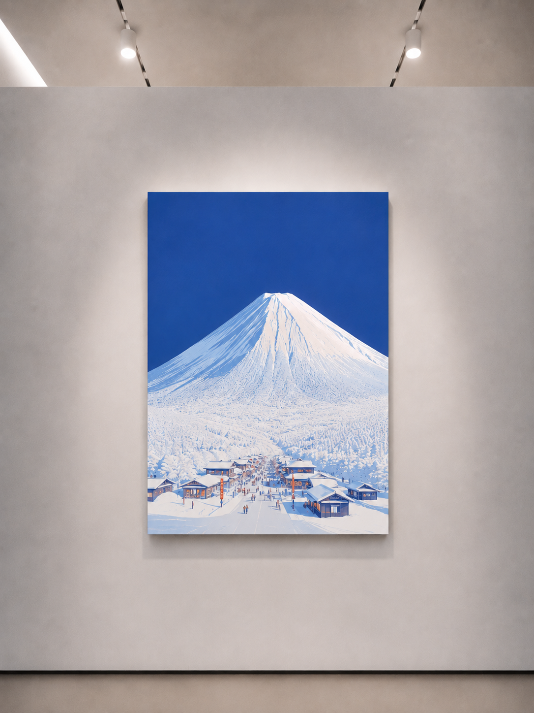 alt
Quadro da parete verticale con cornice raffigurante il Monte Fuji innevato e piccole case invernali sotto un cielo blu