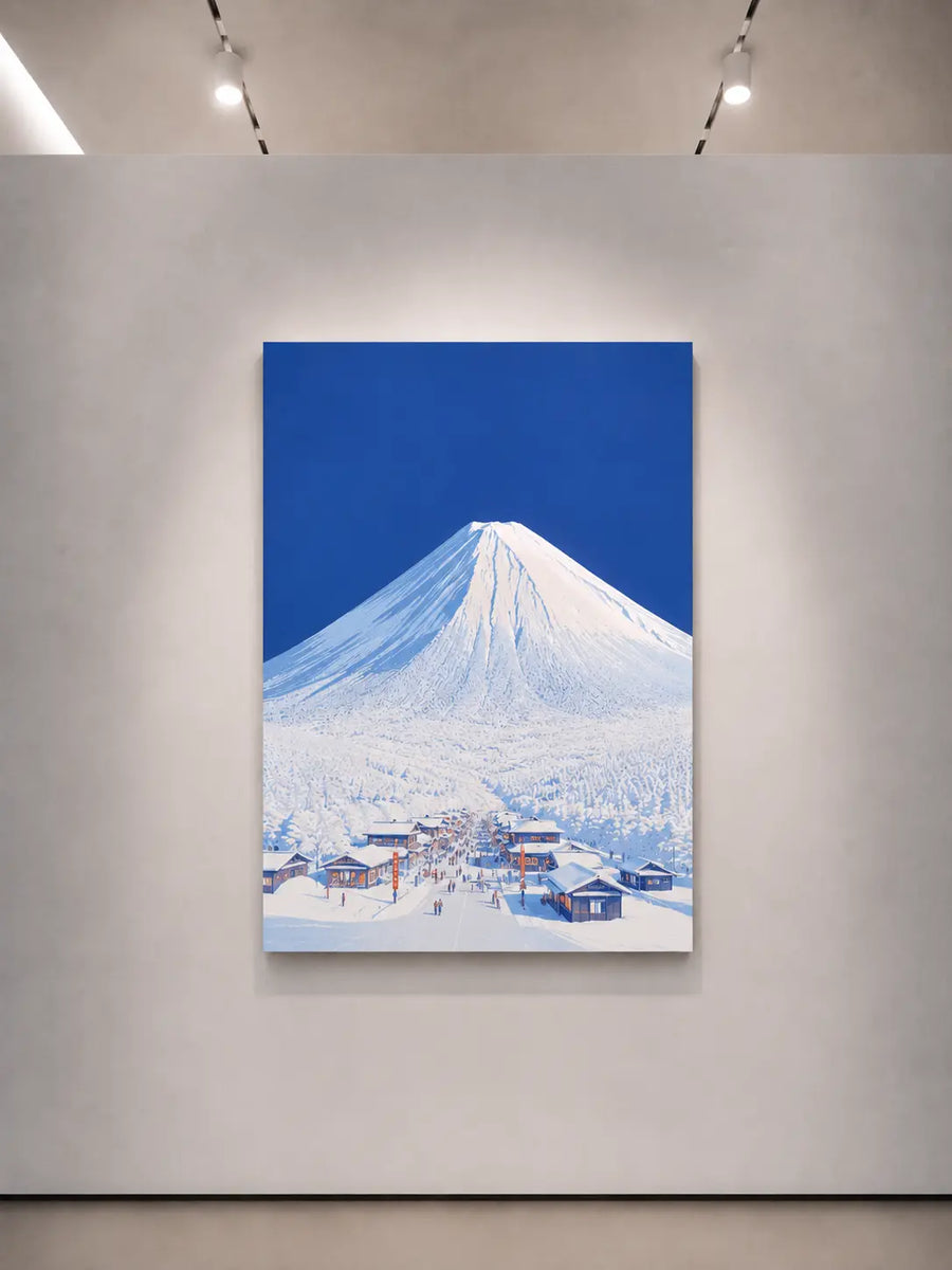 alt
Arte mural vertical enmarcado con el nevado monte Fuji y pequeñas casas invernales bajo un cielo azul