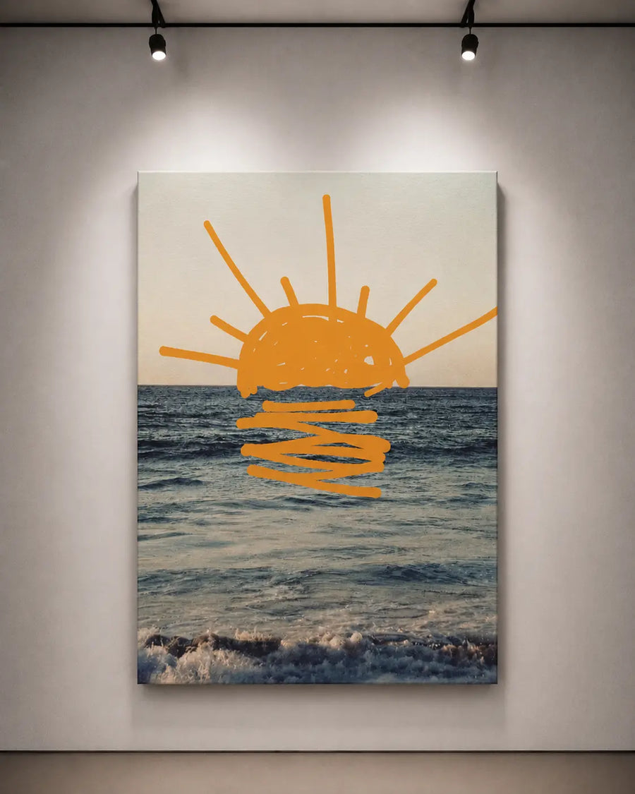alt
Poster mural de marée océanique avec graphique de soleil orange sur des vagues bleues, dans un cadre blanc