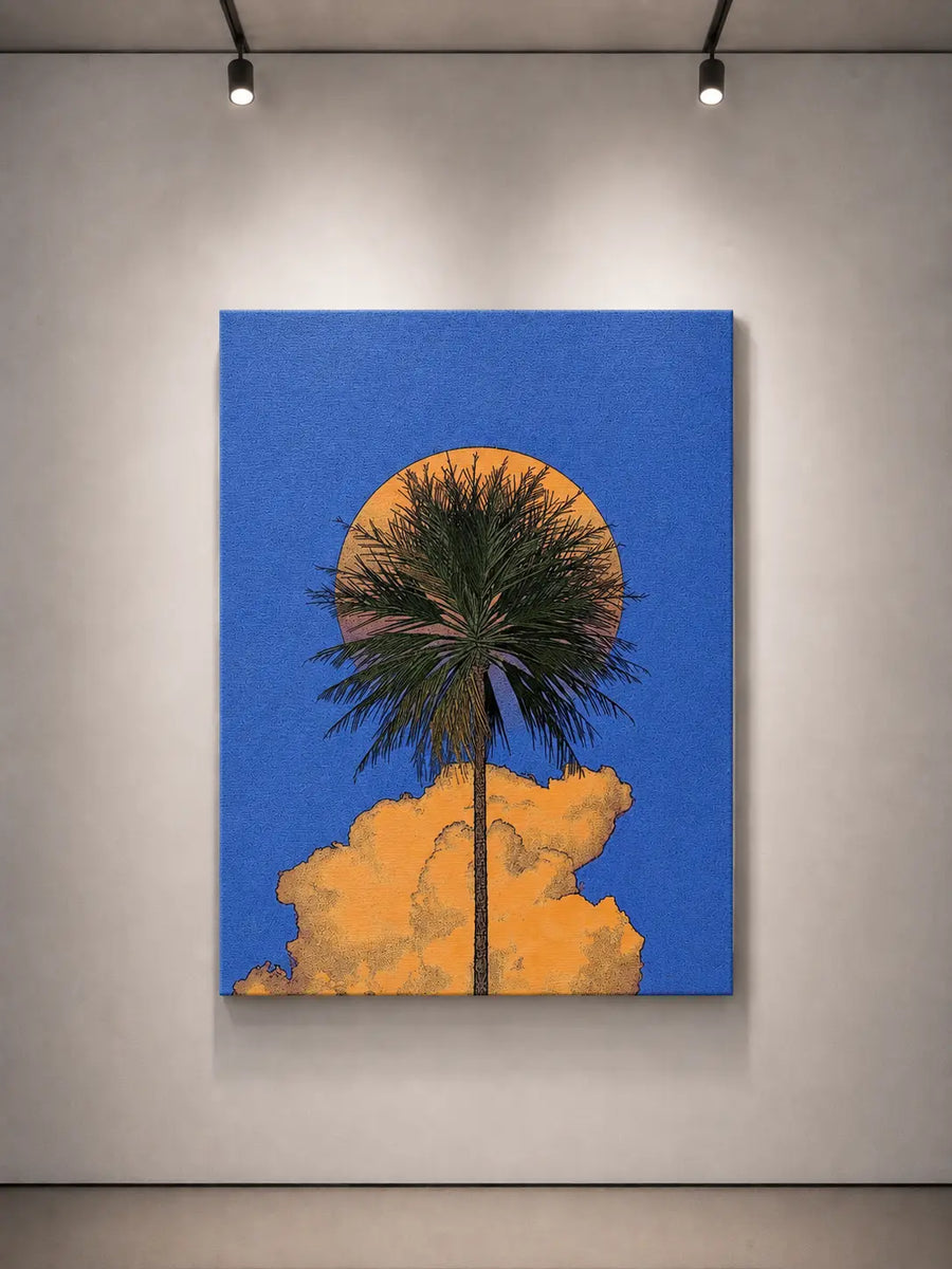 Wandposter mit Palme, blauem Himmel und gelben Wolken, ungerahmter Look