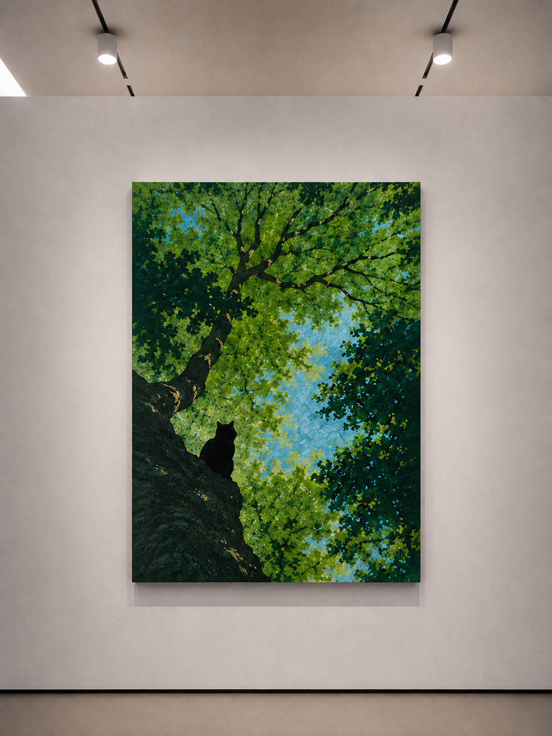 alt
Opera d'arte con chioma di albero in cornice, sagoma di gatto nero e luce di cielo azzurro tra le foglie