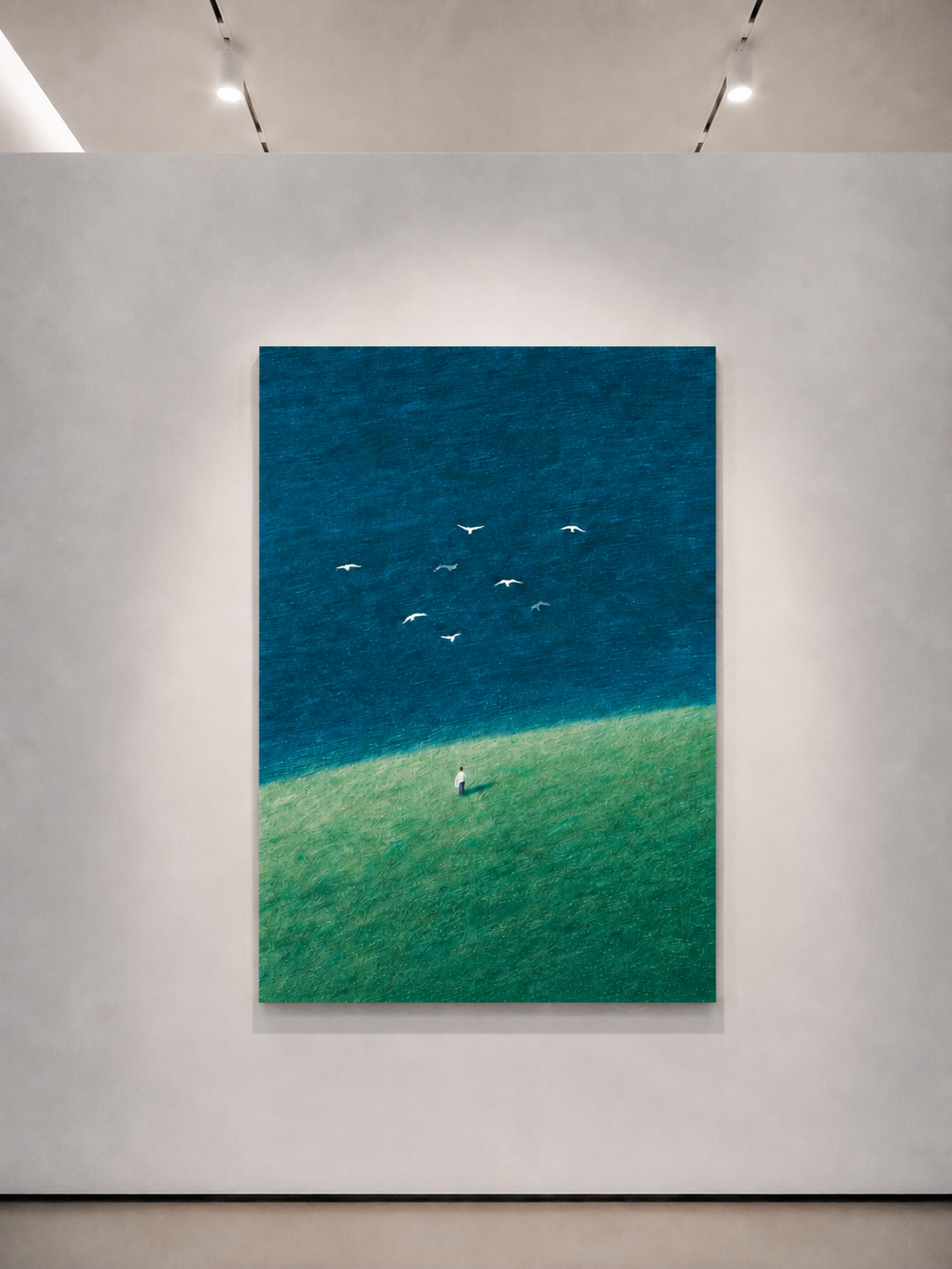 Quadro su tela senza cornice con acqua blu, erba verde e uccelli in volo