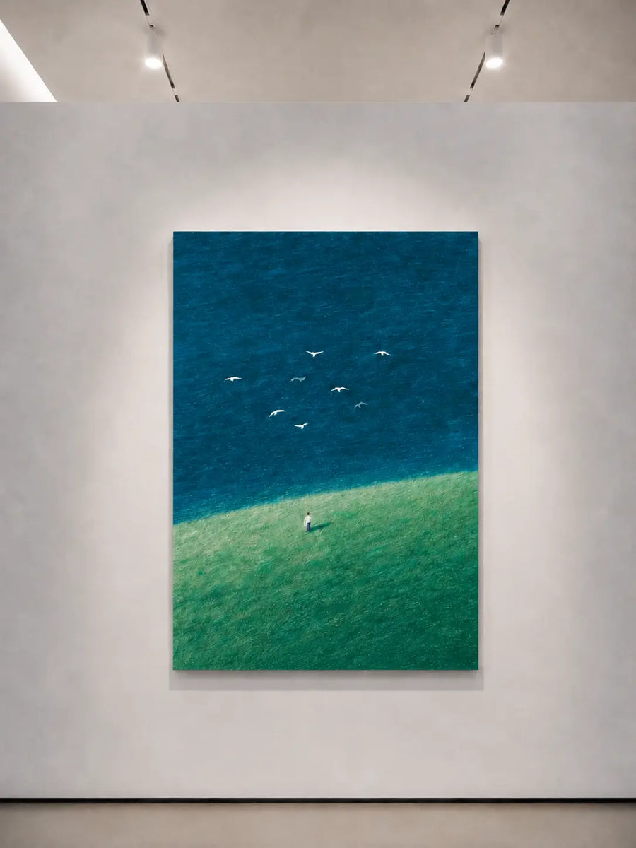 Arte mural en lienzo sin marco con agua azul, césped verde y pájaros volando