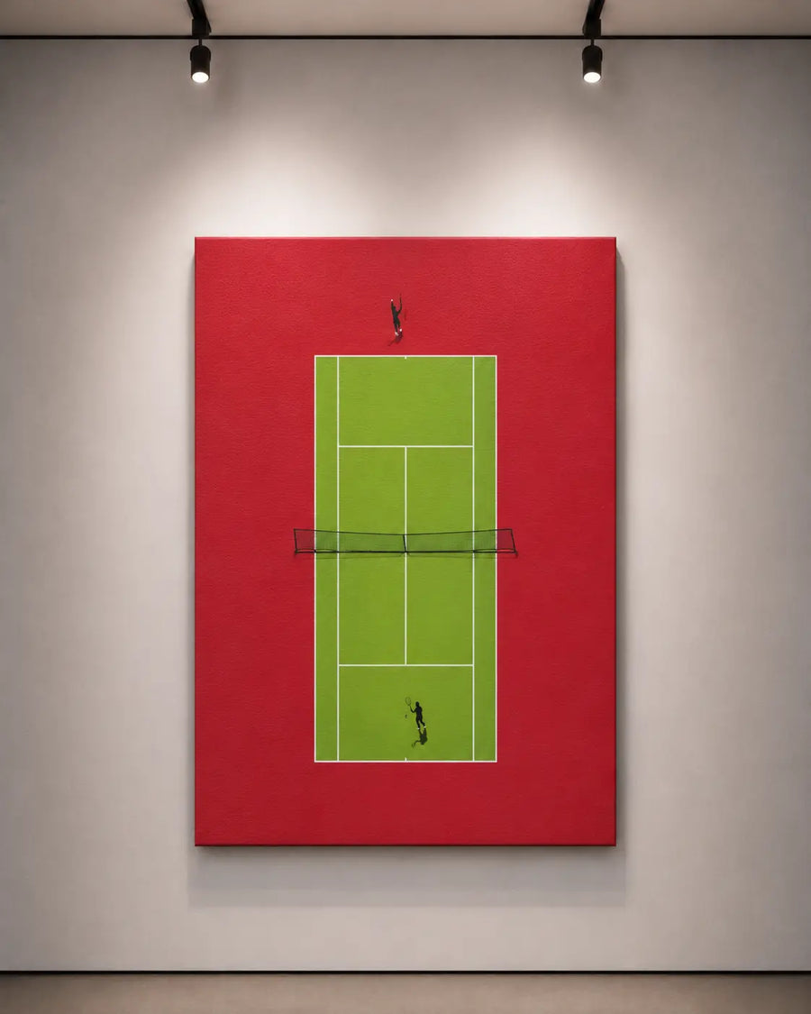 alt
Diseño de cancha de tenis verde sobre fondo rojo, impresión enmarcada con siluetas negras de jugadores