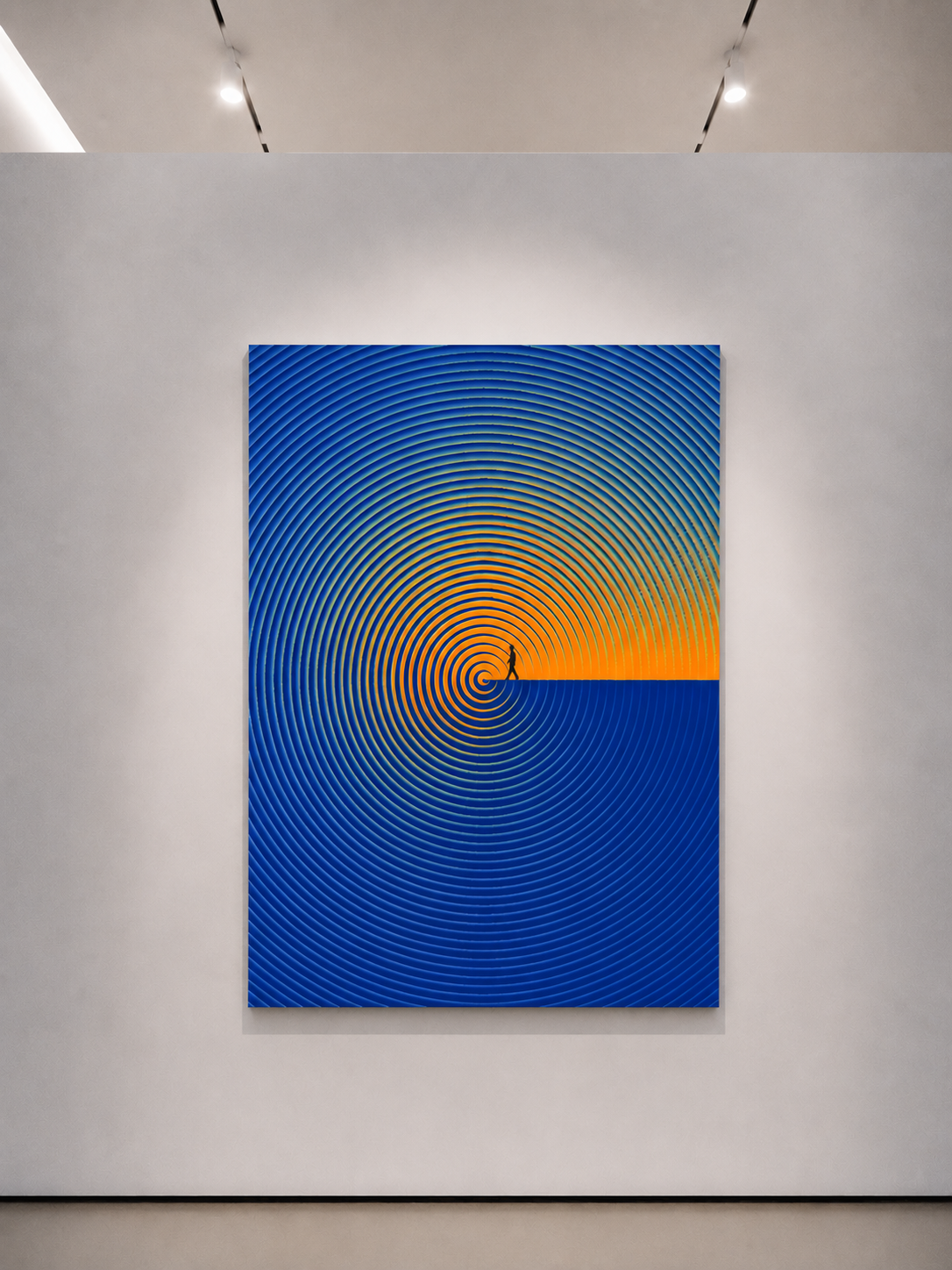 alt
Stampa artistica da parete con cornice bianca che mostra anelli blu convergenti verso una spirale arancione