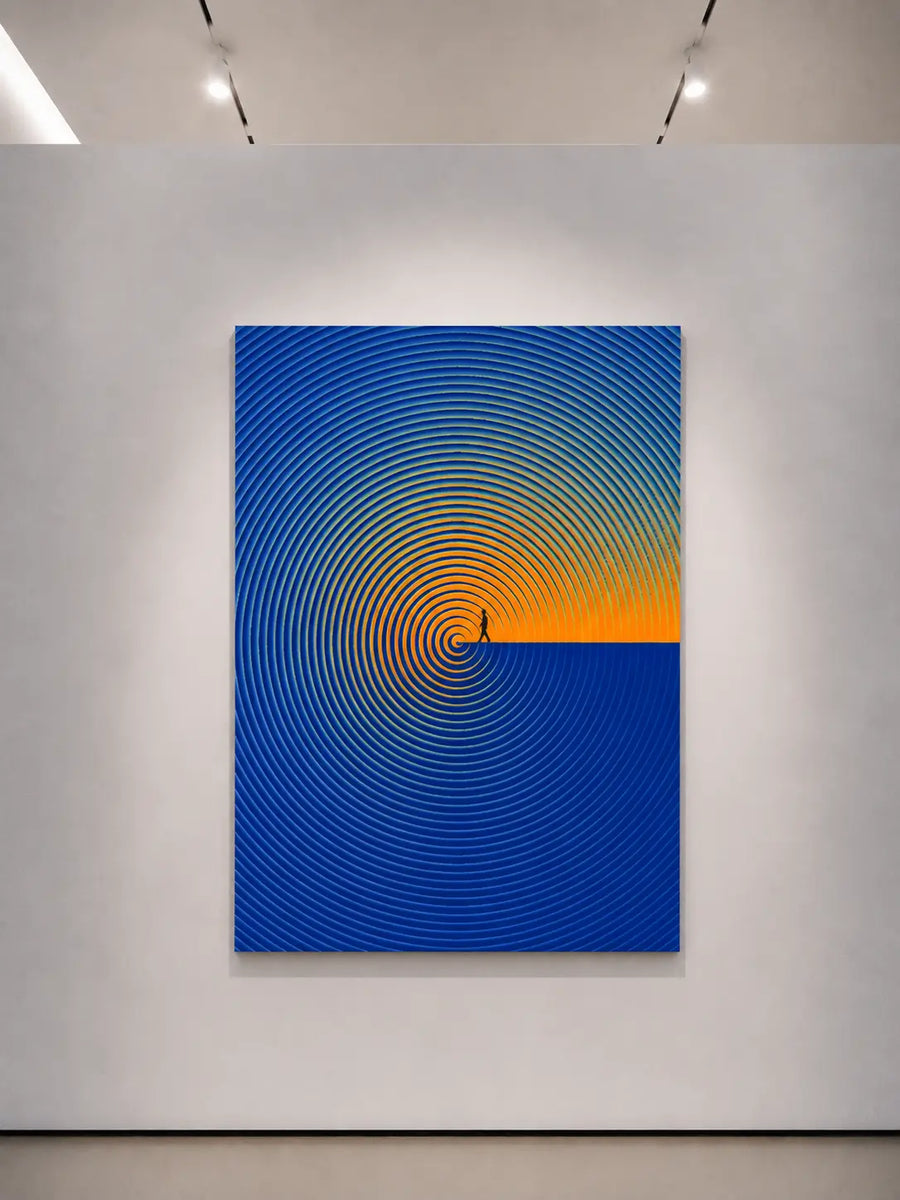 Lámina decorativa enmarcada en blanco que muestra anillos azules convergiendo en una espiral naranja