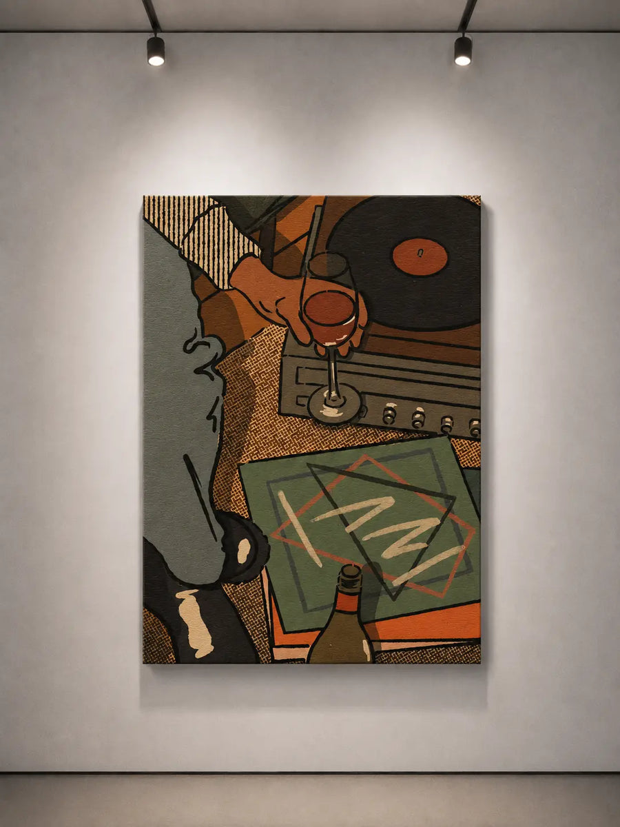 Dunkel gerahmter Wanddruck aus Holz mit musikthematischer Illustration von Schallplatte und Plattenspieler
