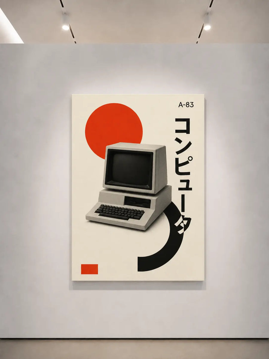 Arte mural retro de computadora enmarcado con círculo rojo, forma de media luna negra y fondo crema