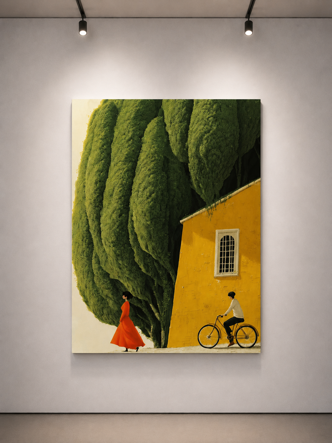 alt
Stampa artistica da parete con cornice bianca, chioma verde, edificio giallo, figura arancione in movimento, ciclista