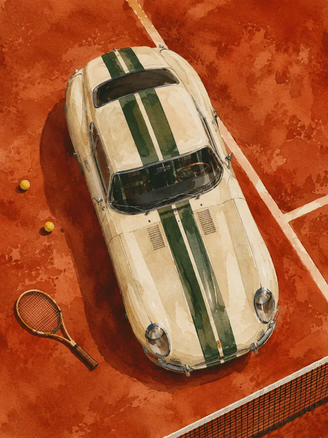 Close-up vintage racing car poster with white car and green stripes on orange backdrop
