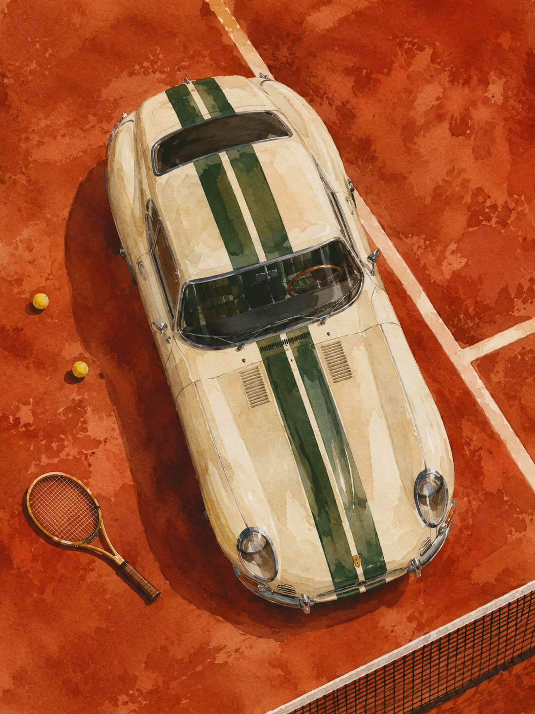 Vintage Racing Car Poster featuring a classic sports car with green racing stripes on a warm terracotta surface.