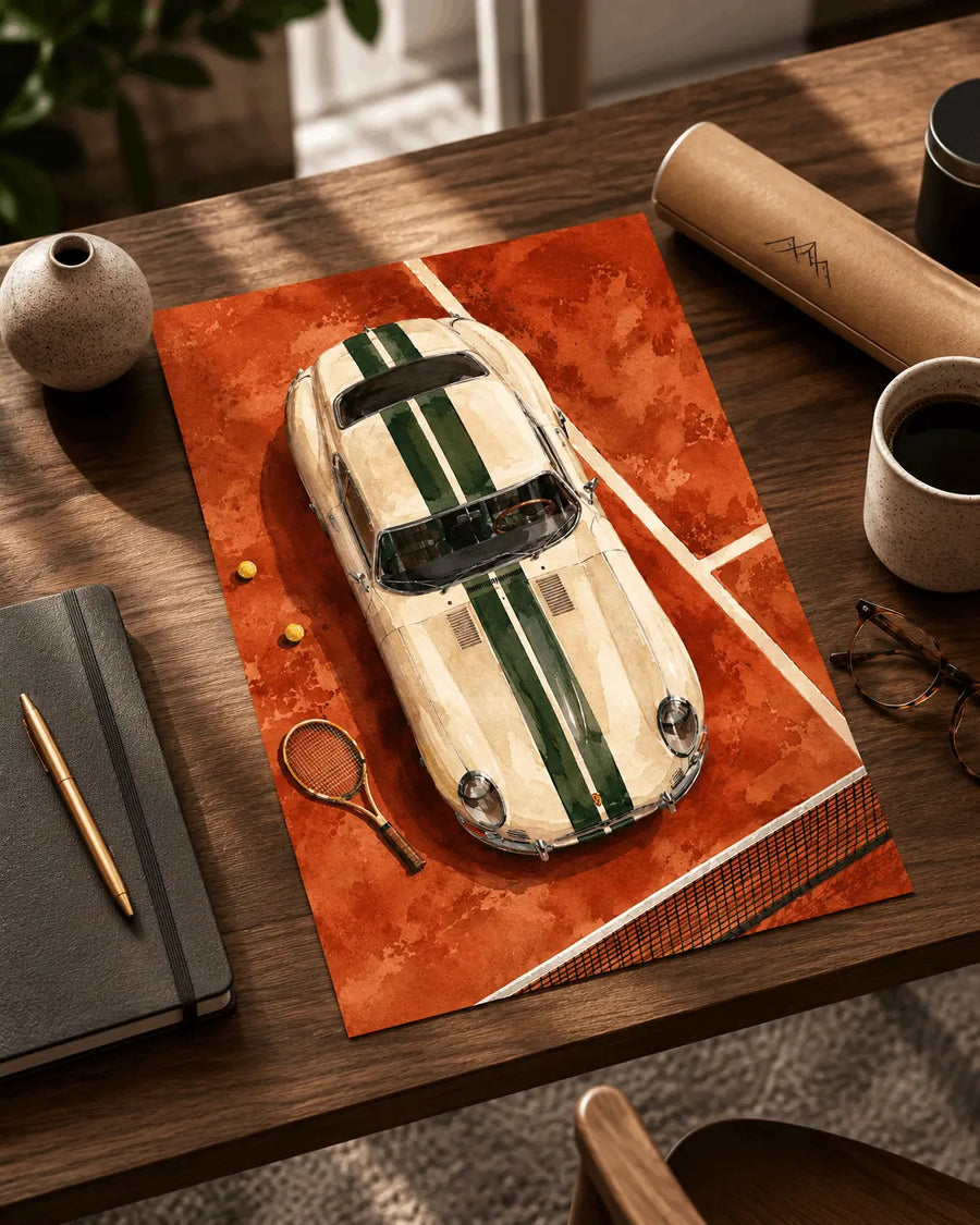 Vintage racing car poster on wood surface with white car and green stripes