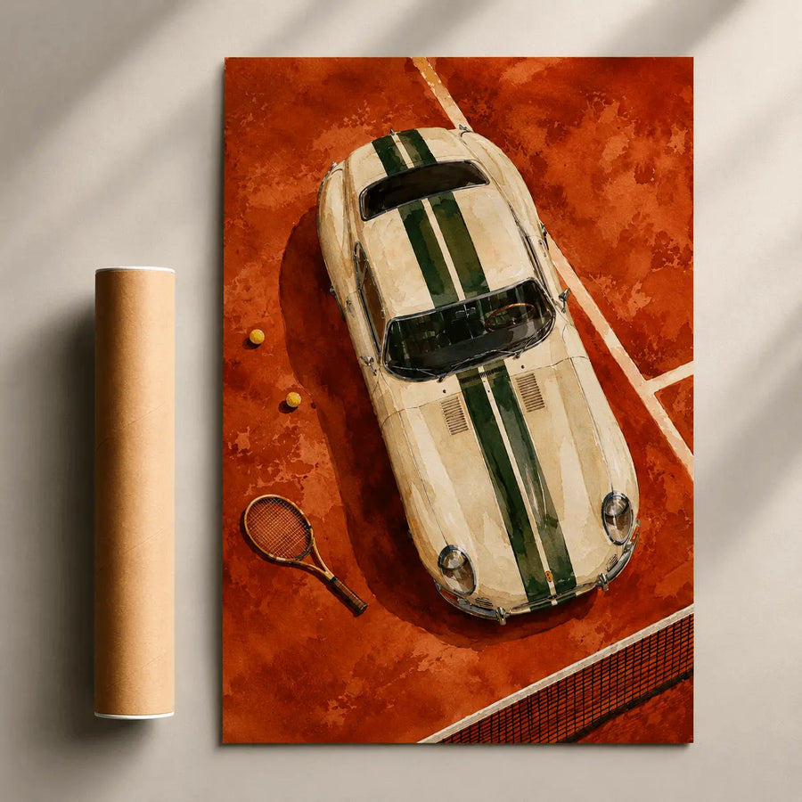 Vintage racing car poster print with white car and green stripes on orange background