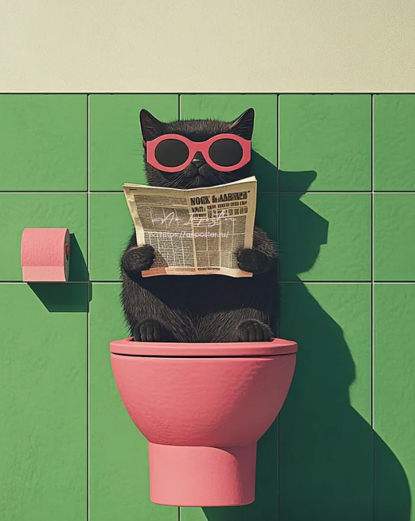 Bathroom cat wall art poster: black cat wearing red sunglasses in toilet, reading newspaper.